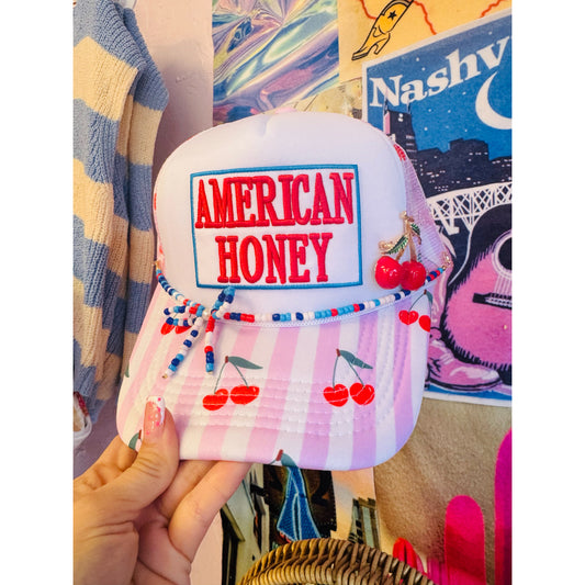 American Honey Cherry Trucker Hat with Hat Chain & Cherry Pin