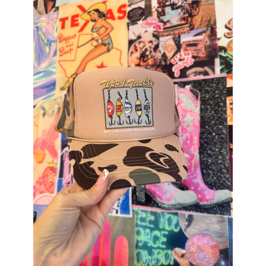 Tipsy Tackle Tan camo trucker hat