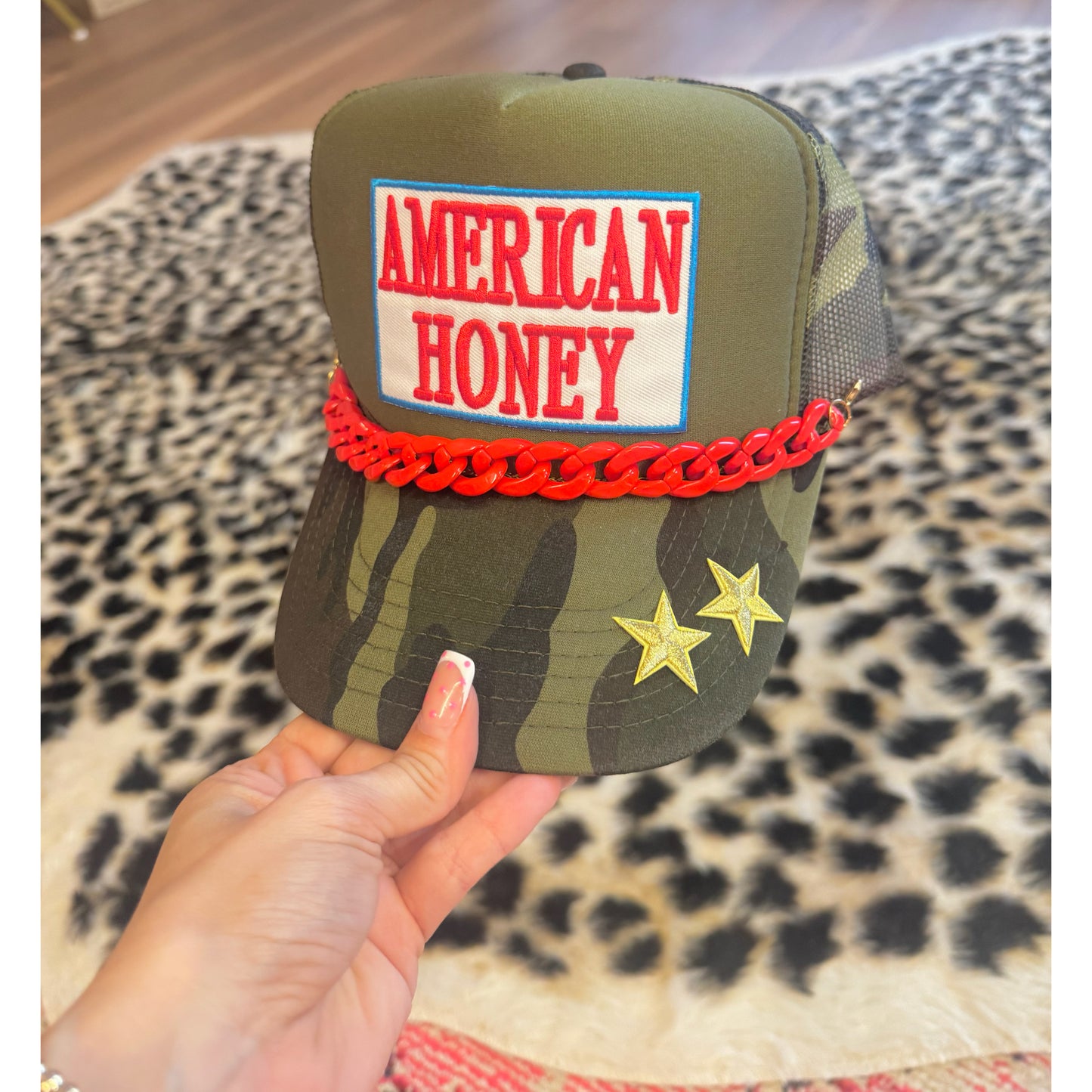 American Honey Camo Trucker Hat with Hat Chain & Stars on brim