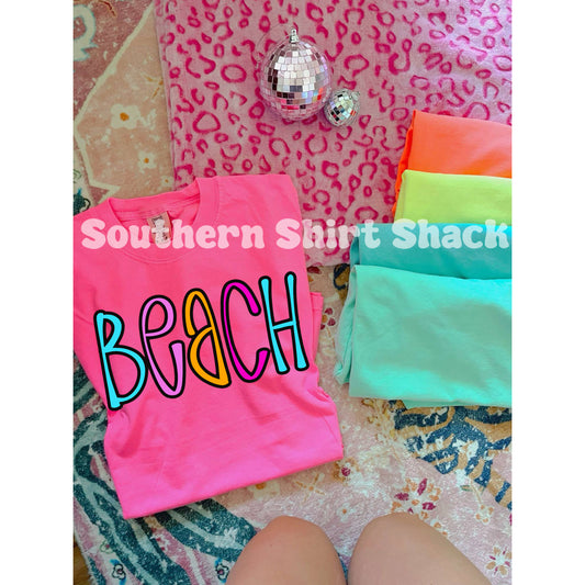 Colorful Beach Comfort Colors tee | Neon Pink