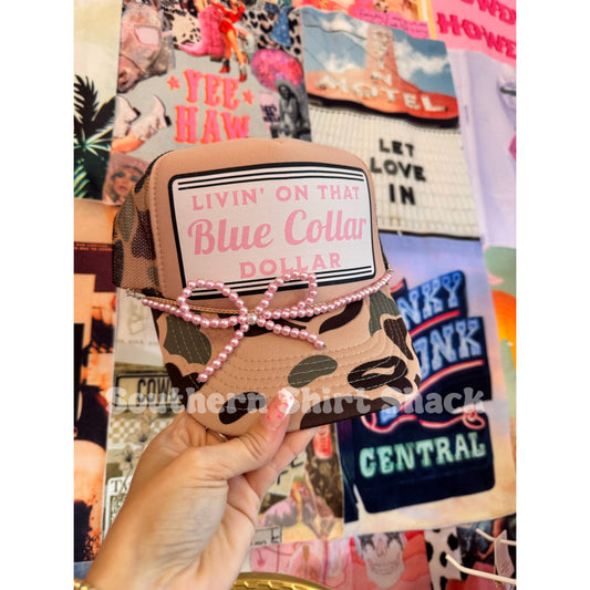 Livin on that Blue Collar ( Or Pink Collar ) Dollar | Tan Camo Trucker Hat