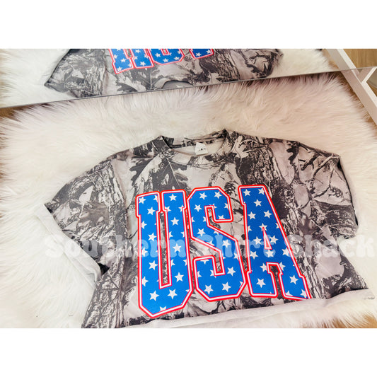 Varsity Blue USA stars / Red outline | Gray Camo Tee | Cropped or Uncropped