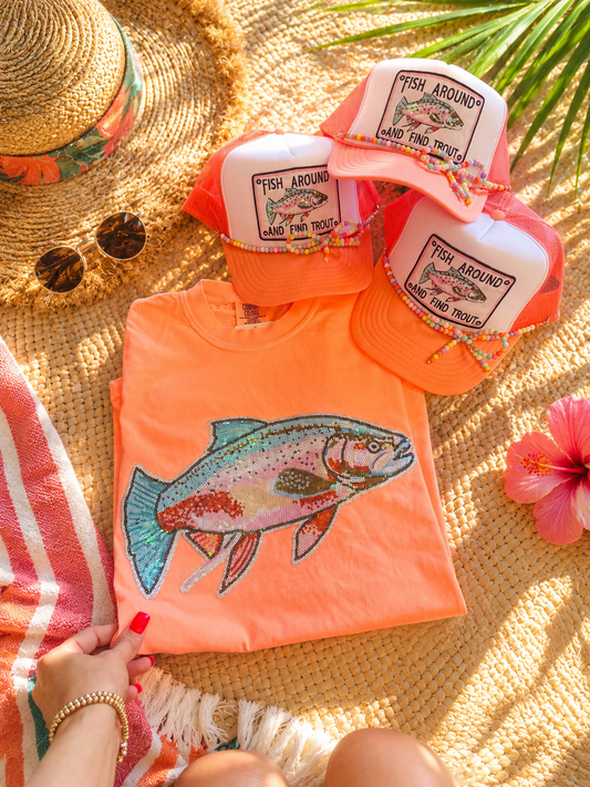Rainbow Trout Sequin Patch Neon Cantelope Comfort Colors Tee
