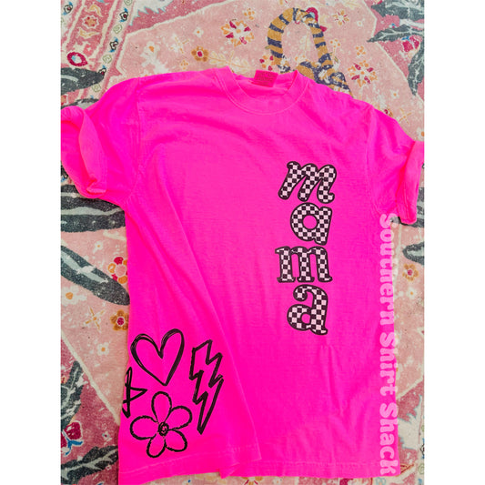 Checkered Mama Doodles Comfort Colors tee | Neon Pink