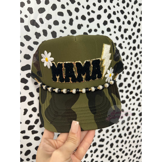 Mama lightning bolt | Chenille Patch Camo Trucker Hat with Hat charm
