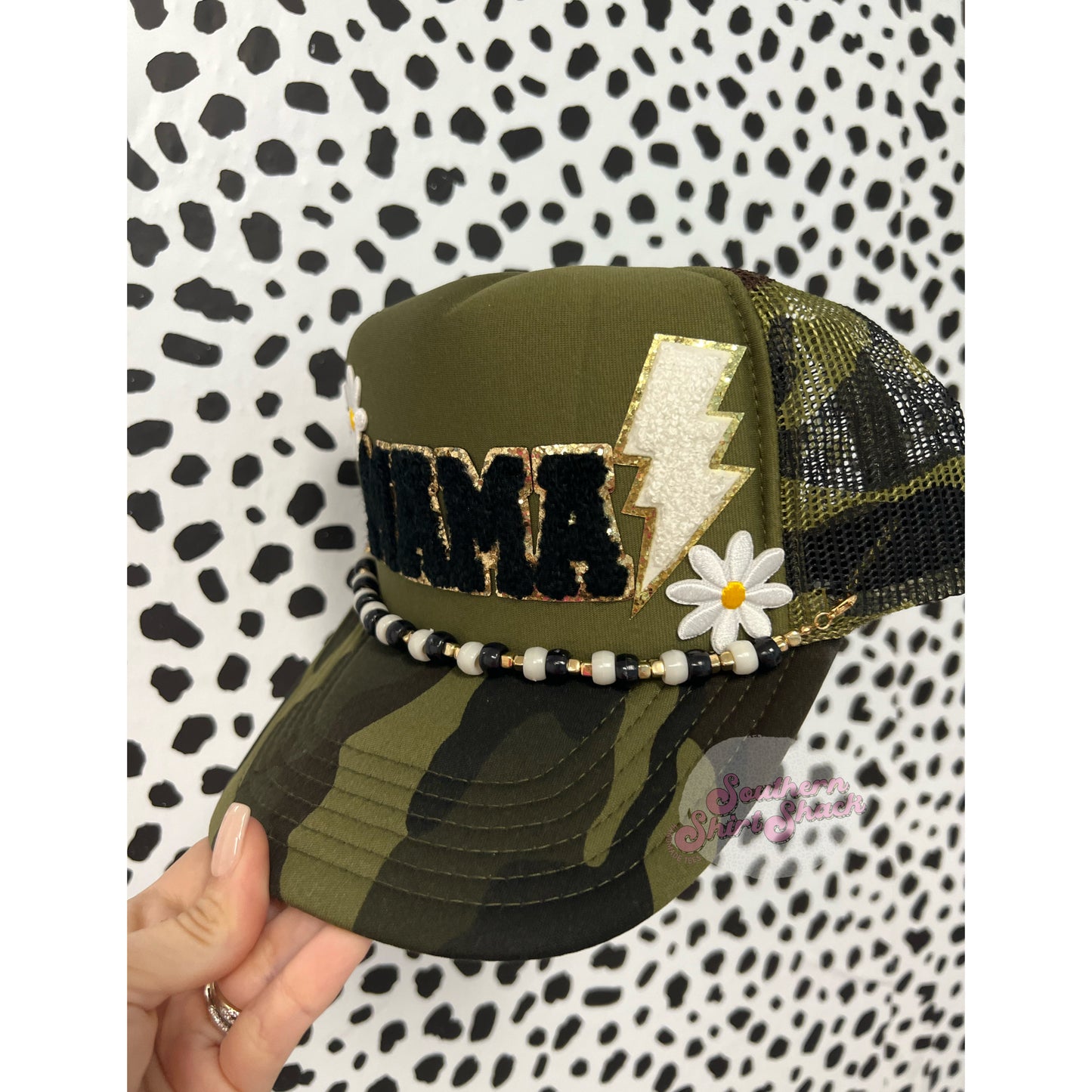 Mama lightning bolt | Chenille Patch Camo Trucker Hat with Hat charm
