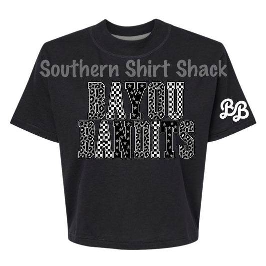 Bayou Bandits Checkered Leopard Black Boxy Crop Tee