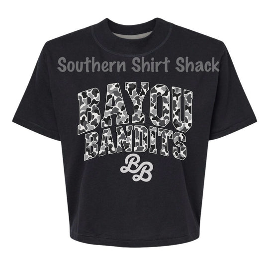 Bayou Bandits Varsity Camo Black Boxy Crop Tee