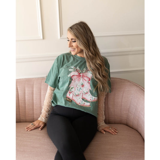 Pink Christmas Boots | Light Green CC tee