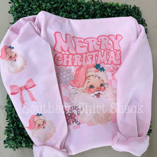 Retro Santa & Bows with sleeve detail | Light Pink Sweatshirt