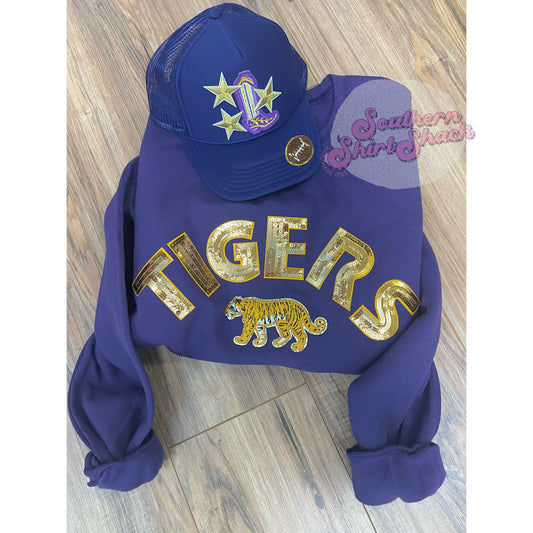 TIGERS 🐯 purple & gold sequin patch sweatshirt