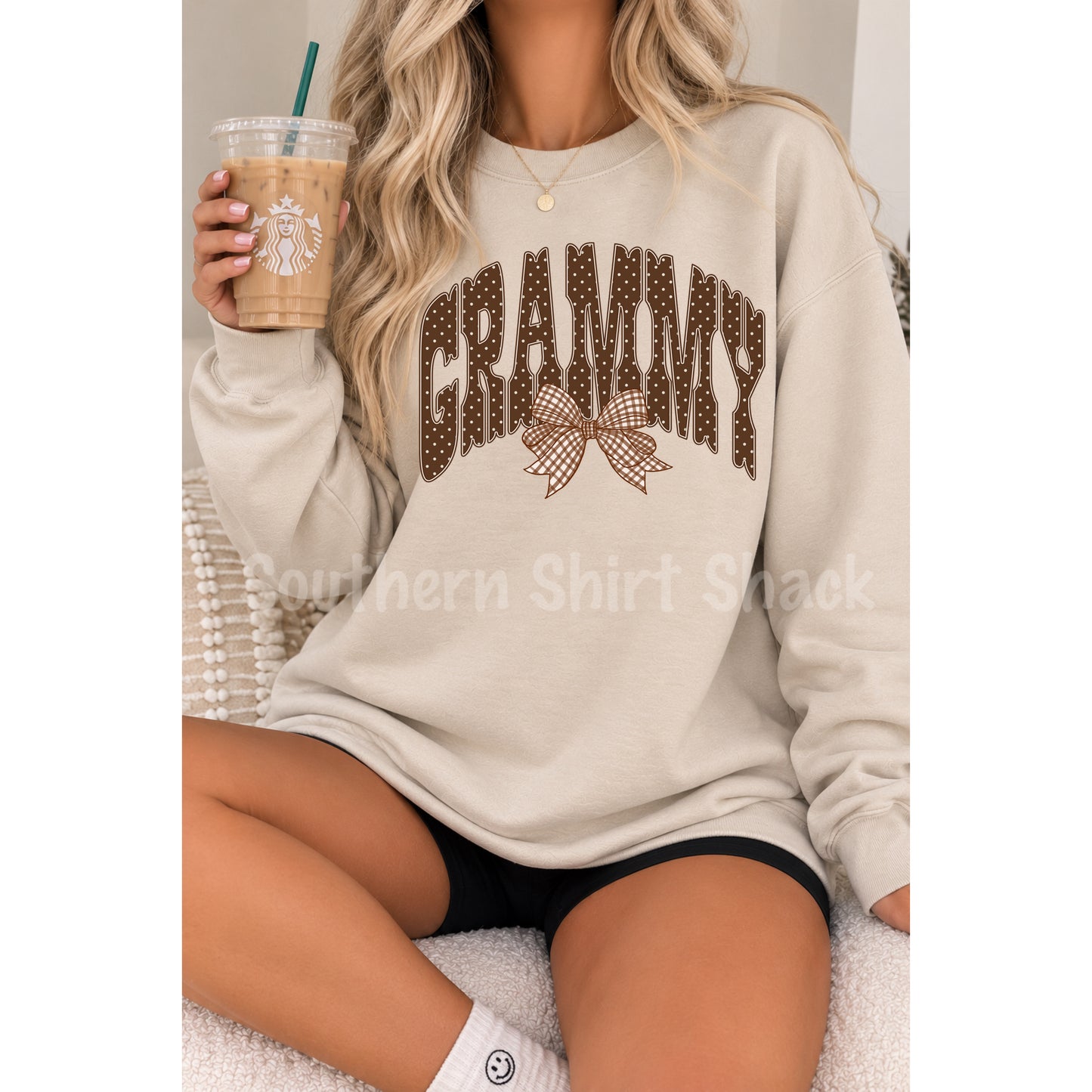 CUSTOM NAME POLKA DOT GINGHAM BOW Sweatshirt | Sand