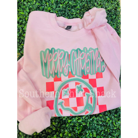 Merry Christmas Smiley | Light Pink Sweatshirt