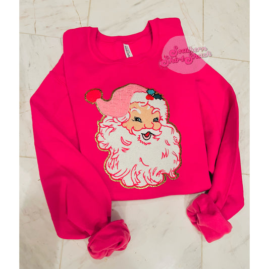 Hot Pink Retro Santa Chenille Patch Sweatshirt
