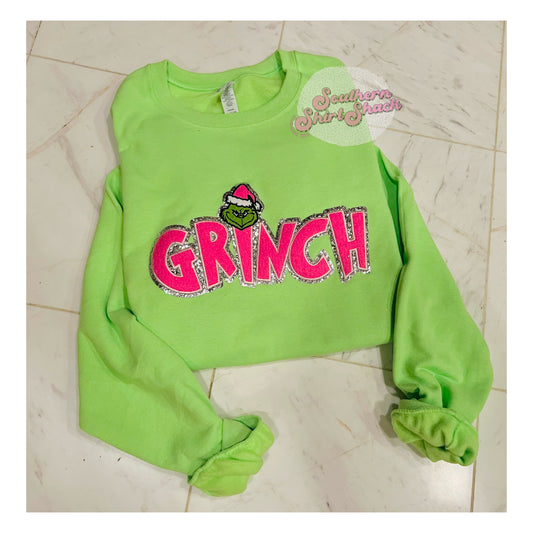 RESTOCK | will ship after Christmas |Grinchhh Pink & Green Chenille Patch Sweatshirt