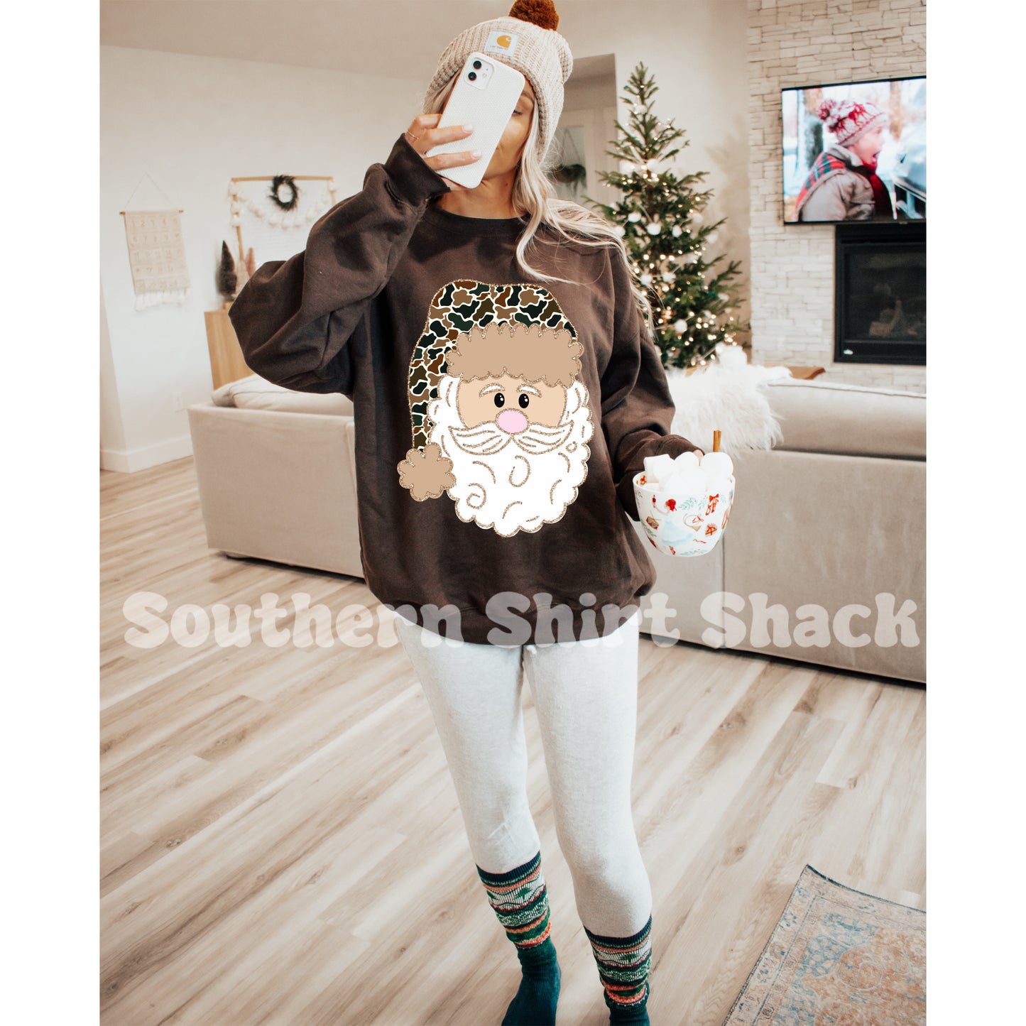 Duck Camo Santa Hat | Brown Sweatshirt