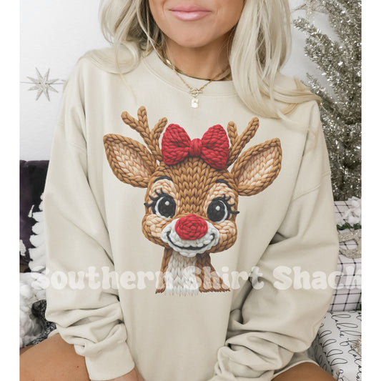 Faux Yarn Rudolph Reindeer | Sand Sweatshirt