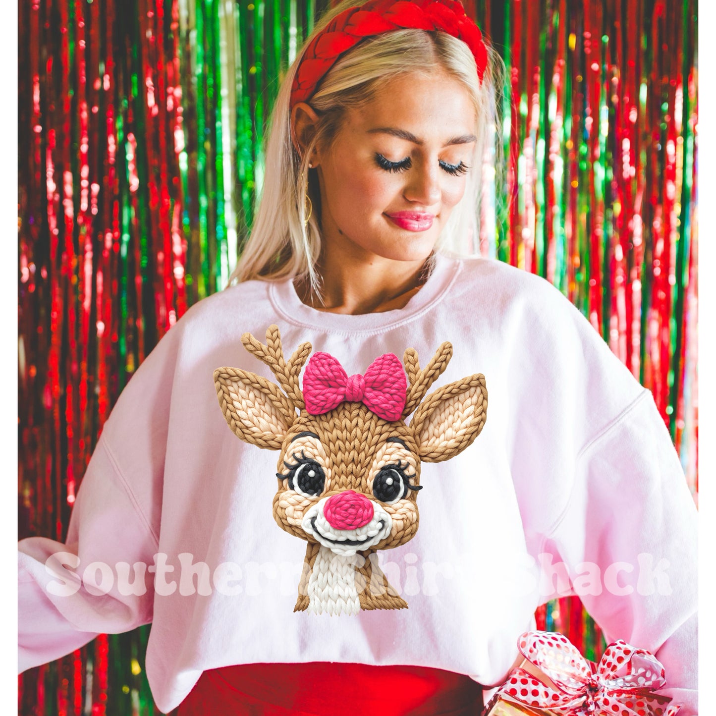 Faux Yarn Pink Rudolph Reindeer | Light Pink Sweatshirt