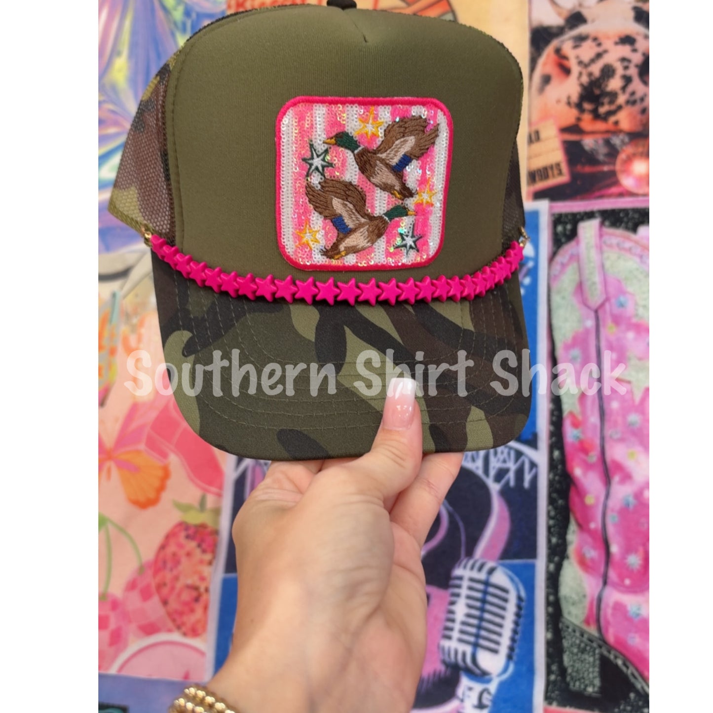 Stripe Sequin Mallard Patch Camo Trucker Hat