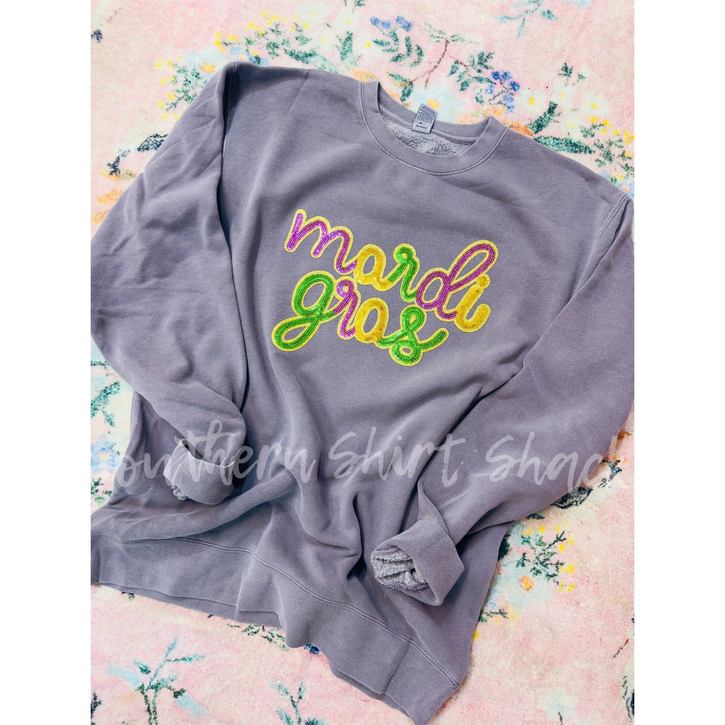 Violet Mineral Wash Mardi Gras Sequin Patch Sweatshirt