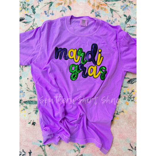 Sequin Mardi Gras Patch Tee | Neon Violet