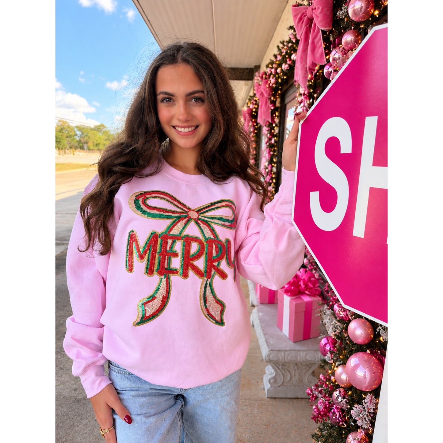 Sequin Merry Bow Patch Sweatshirt