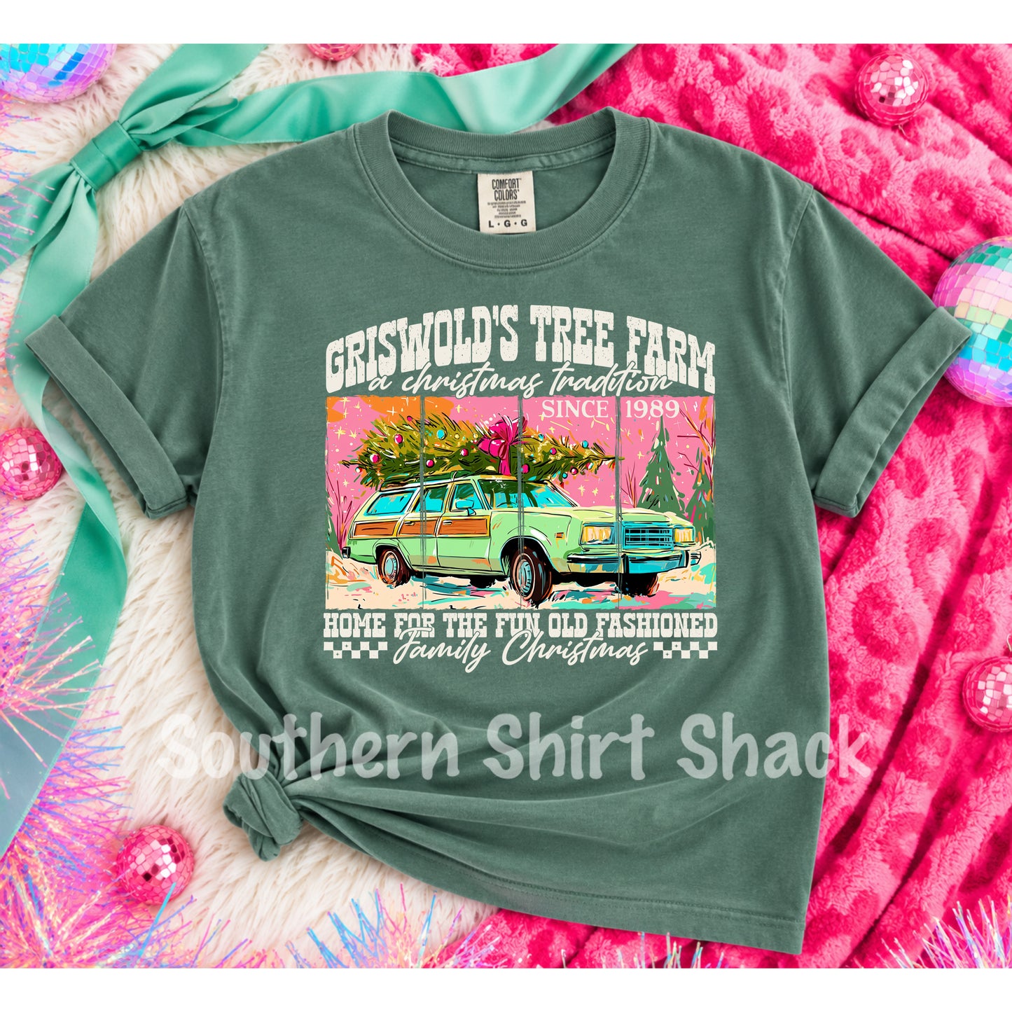 Colorful Griswold Tree Farm Light Green Comfort Colors Tee