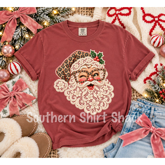 Leopard and Lace Santa | Crimson Comfort Colors tee