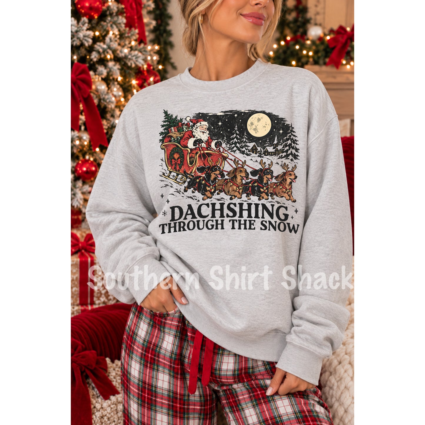 Dachshing through the Snow Santa Sleigh Sweatshirt | Ash Gray