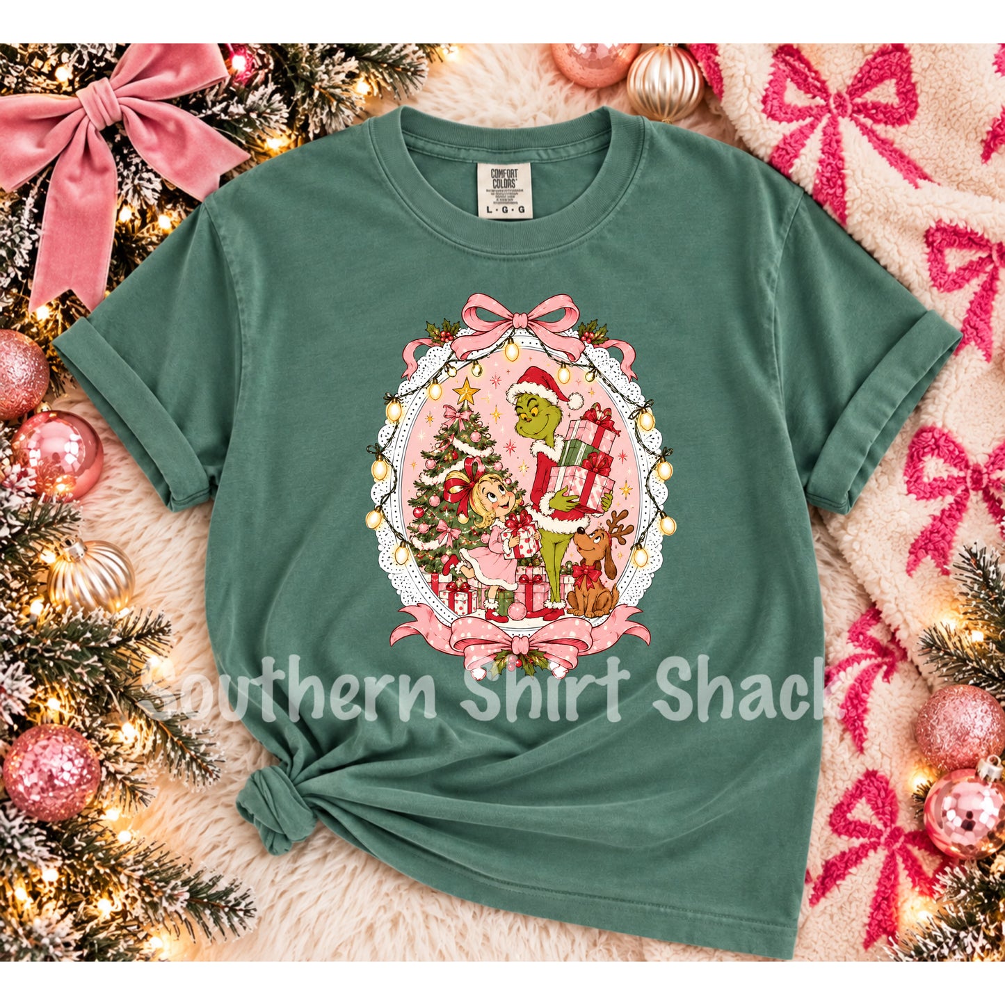 Coquette Christmas Character Frame | Light Green Comfort Colors tee