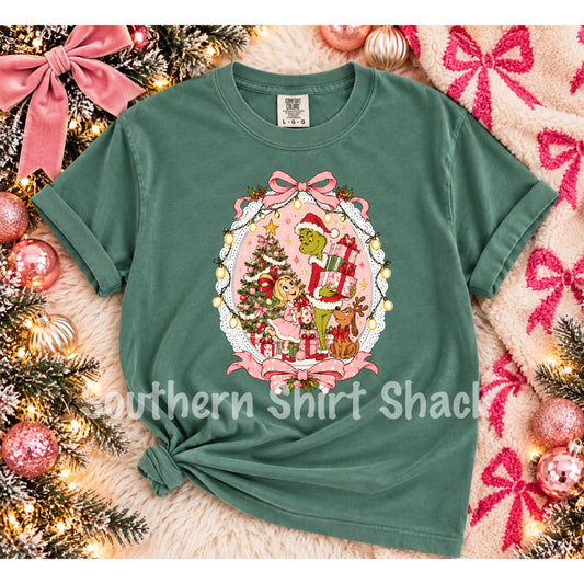 Coquette Christmas Character Frame | Light Green Comfort Colors tee