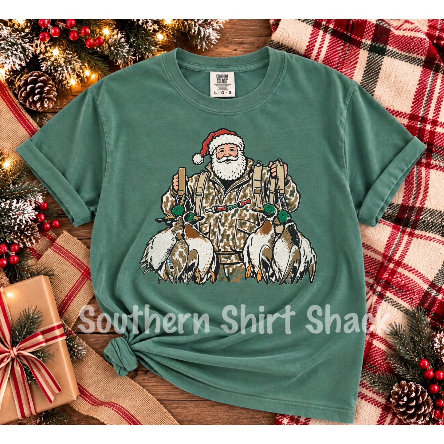 Duck Hunting Santa | Light Green Comfort Colors tee