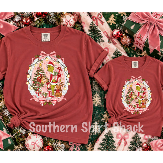Coquette Christmas Character Frame | Crimson Comfort Colors Youth & Adult tee