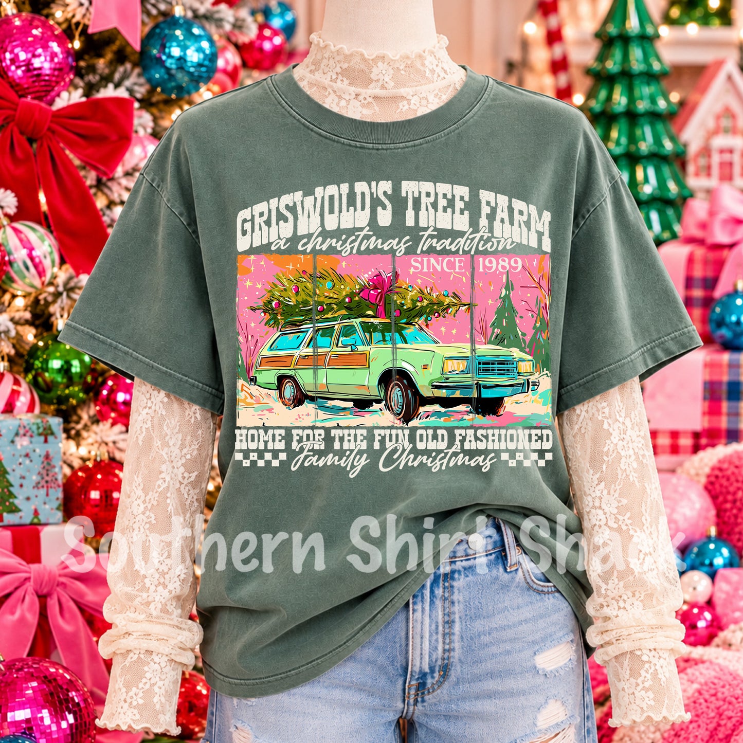 Colorful Griswold Tree Farm Light Green Comfort Colors Tee