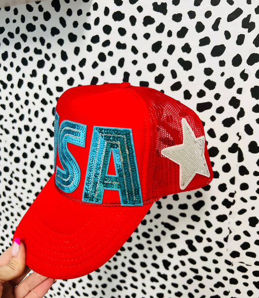 USA teal & red trucker hat