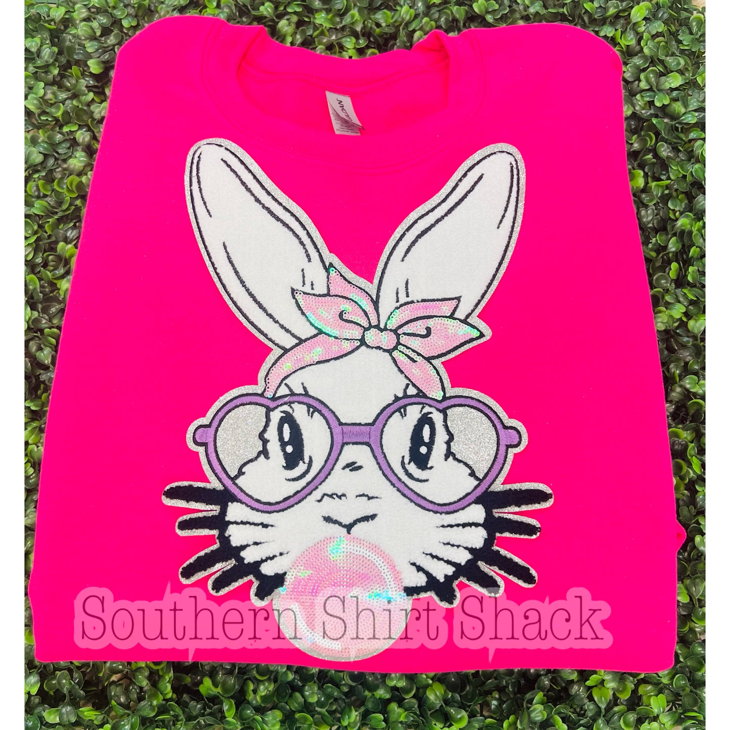 Pink & Purple Easter Bunny Sequin Chenille Patch Sweatshirt | ADD SIZE IN NOTES AT CHECKOUT