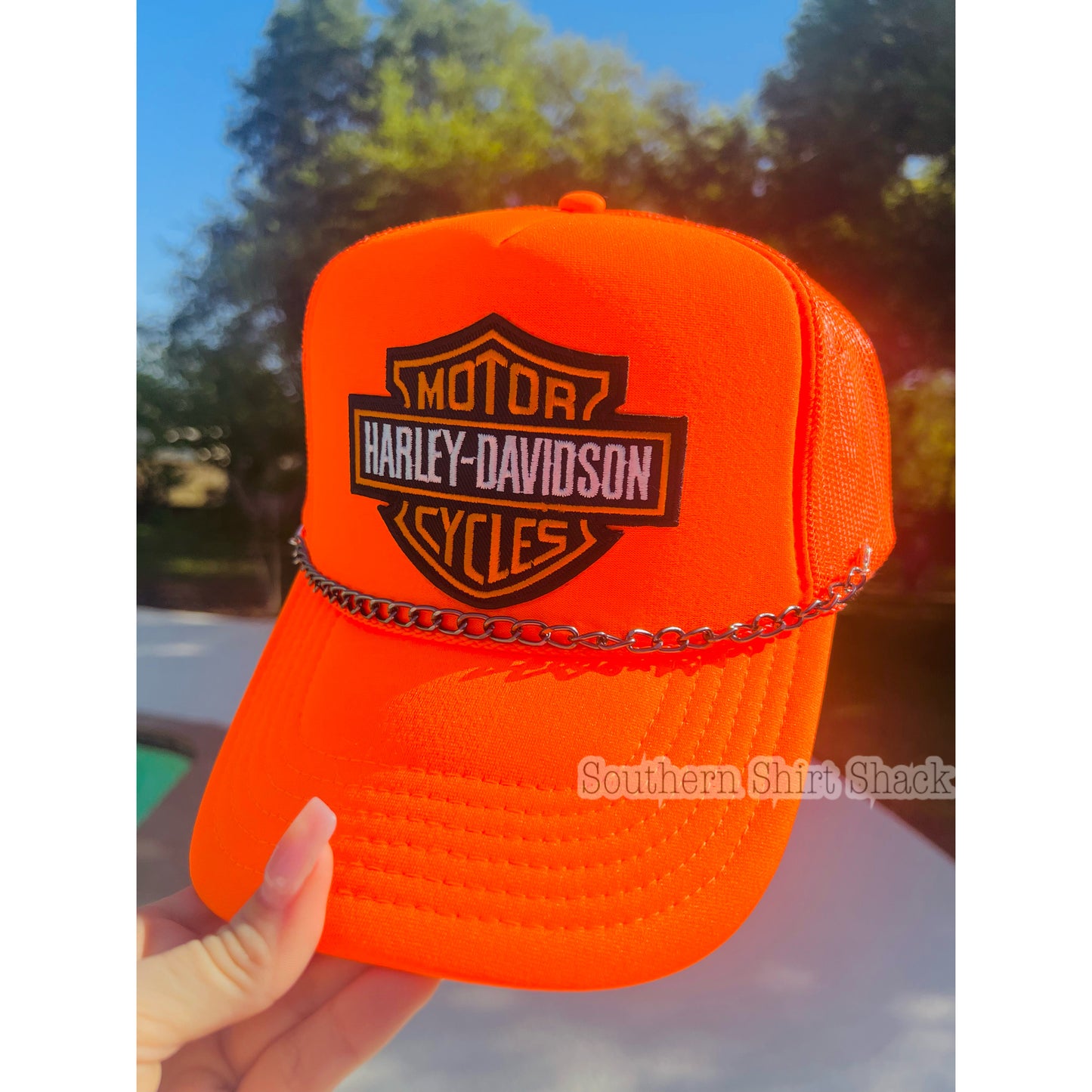 Neon Orange Biker Hat with chain