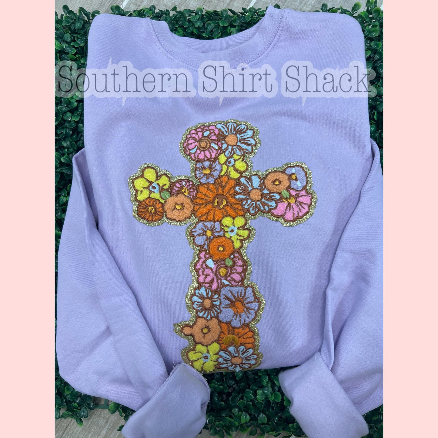 Floral Cross Chenille Patch Sweatshirt | light purple