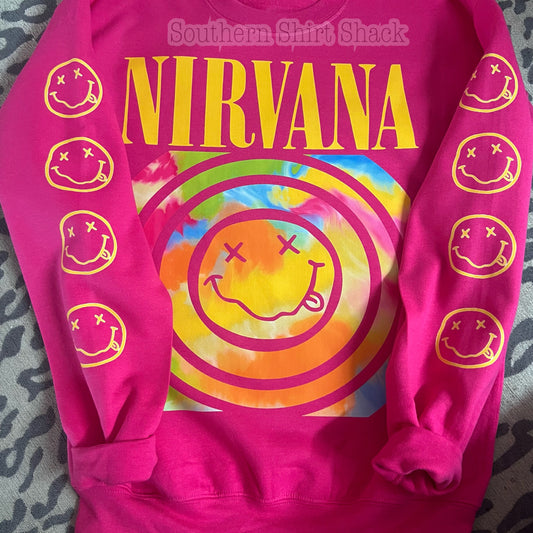 Hot Pink Nirv@na Smiley Sleeve Sweatshirt