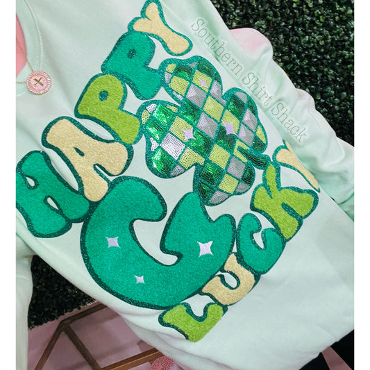 Happy Go Lucky Chenille Sequin Patch Sweatshirt