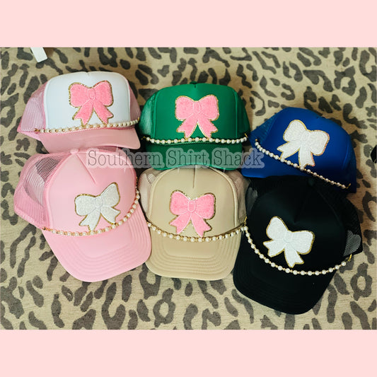 Coquette Bow Trucker Hat with Pearl Hat Charm