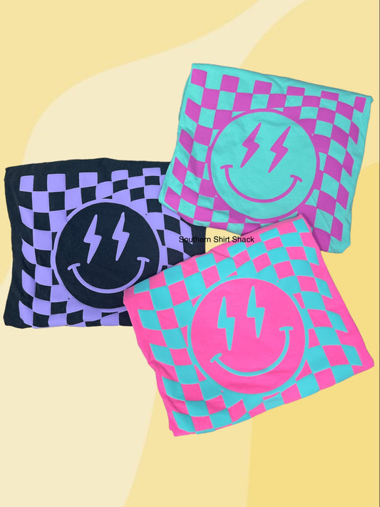 Checkered Smiley Puff Comfort Colors Tee