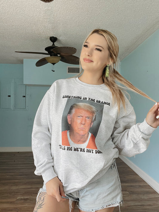 Something in the orange tells me we’re not done | Trump Mugshot Sweatshirt