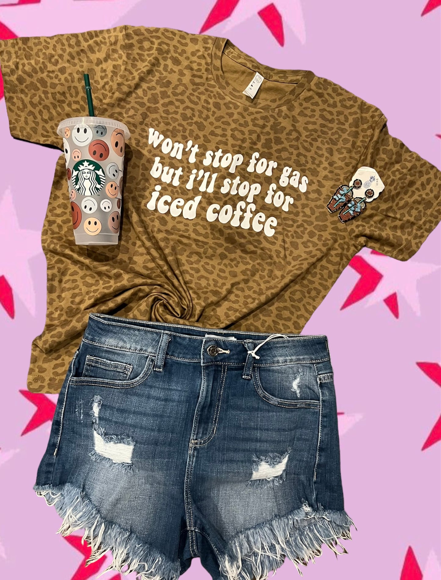 Won’t stop for gas but I’ll stop for iced coffee leopard tee
